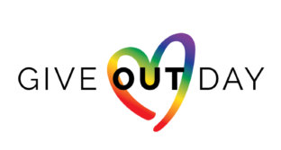 "Give OUT Day" with a rainbow heart in the background.