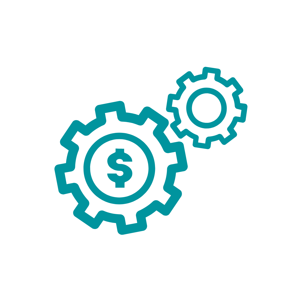 Outside Support icon Icon of two gears turning, one with a dollar sign inside it