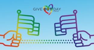 Give OUT Day logo with hands holding Pride flags