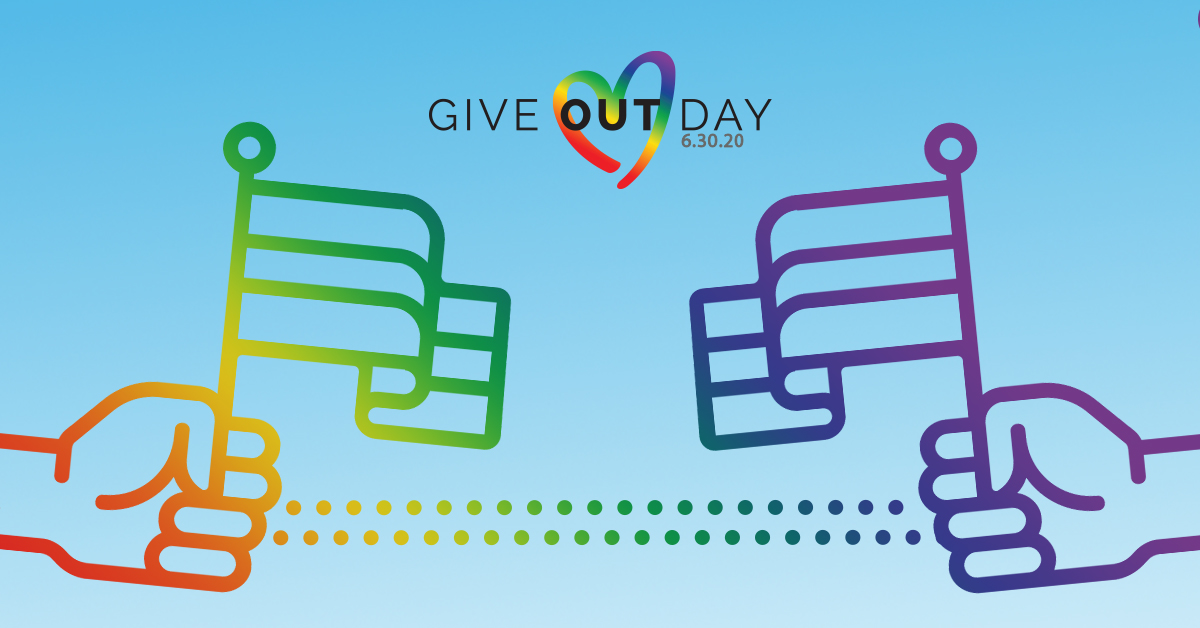 Give OUT Day logo with hands holding Pride flags