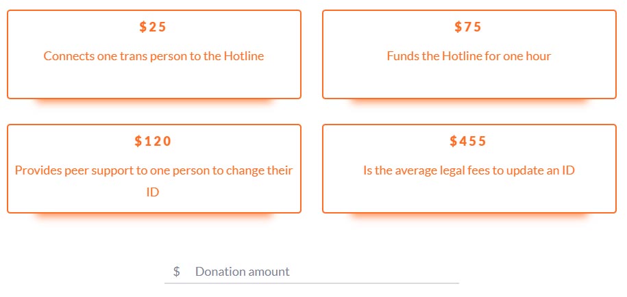 Donation amounts provided by Trans Lifeline