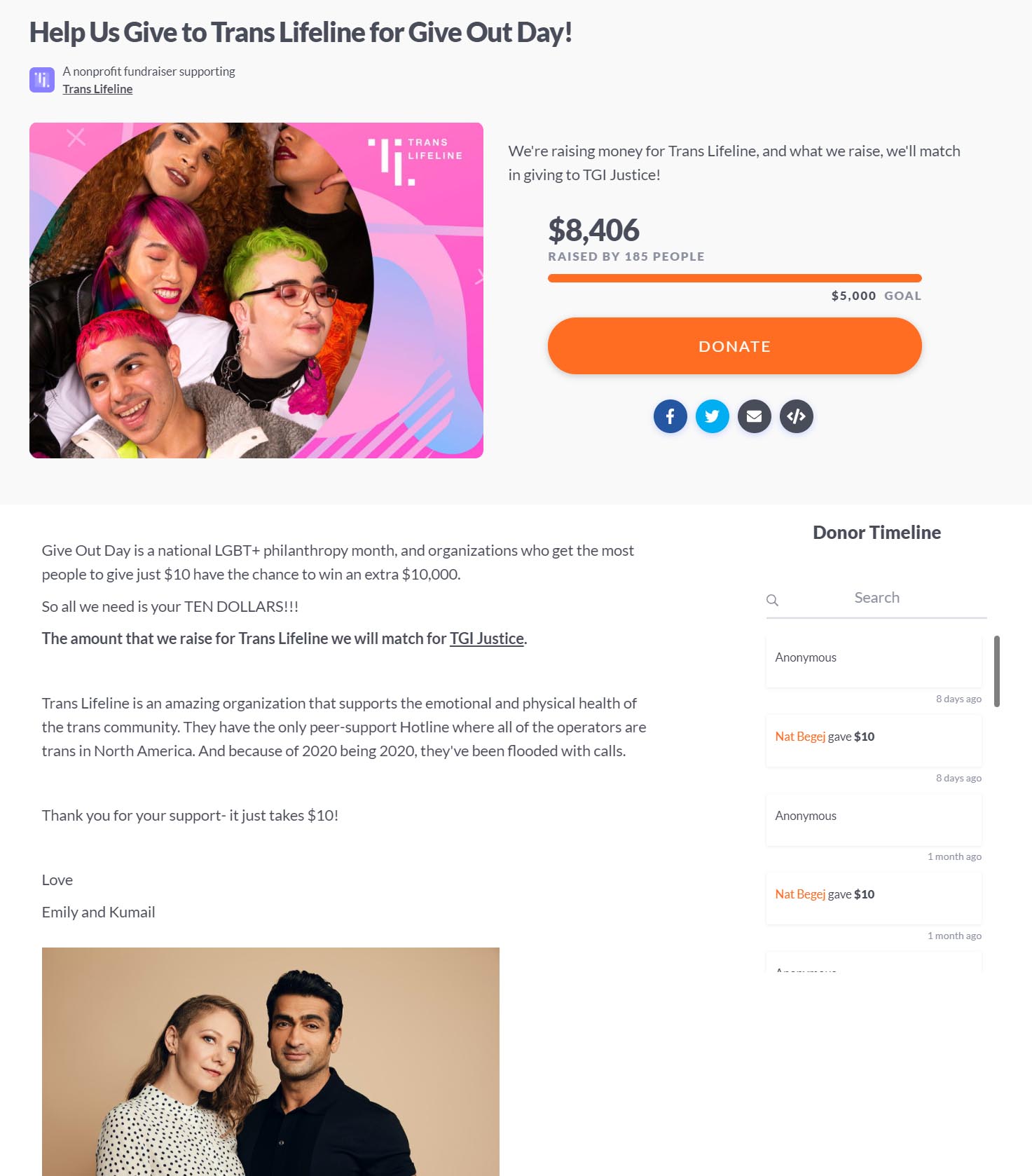 Screenshot of fundraiser page by Trans Lifeline