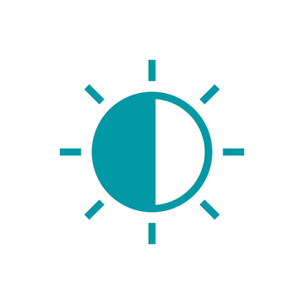 Green icon of sun with rays, half colored in