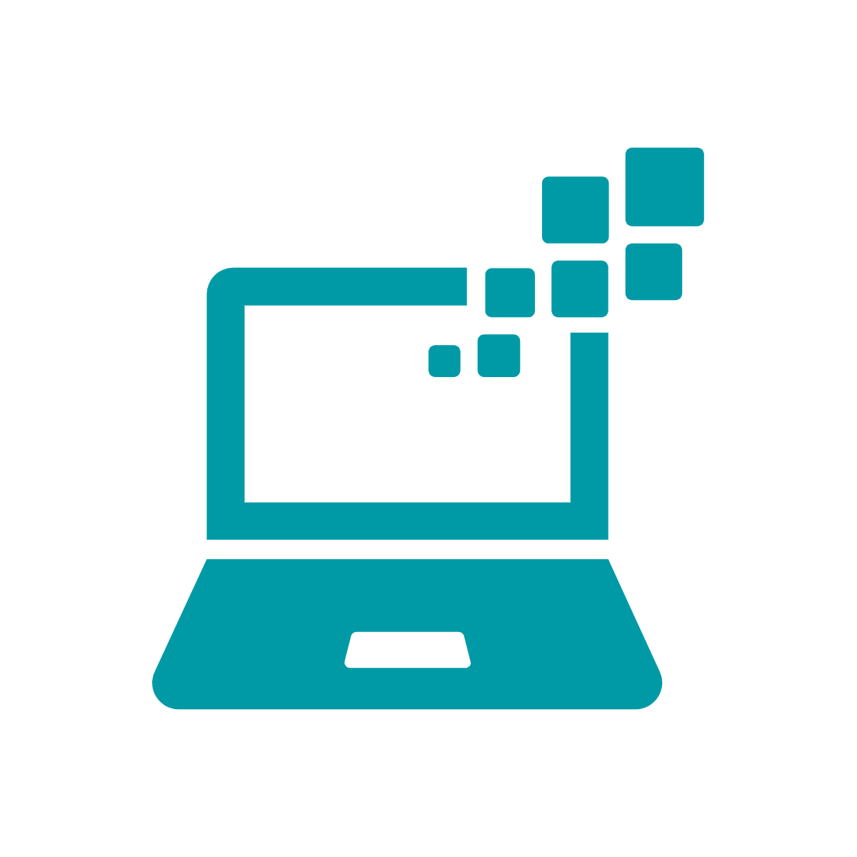 Technology Green icon of laptop with squares bursting from one corner