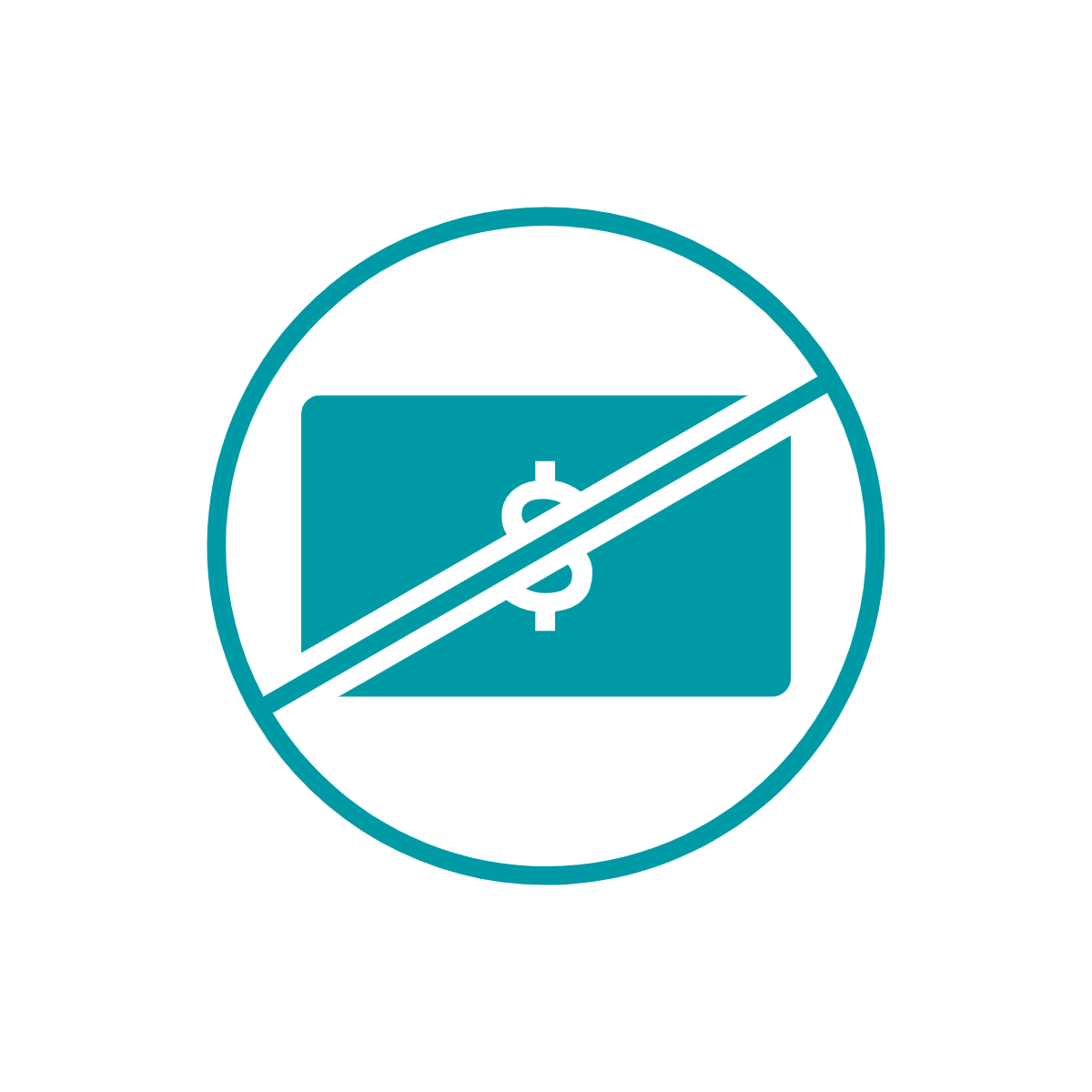 No participation fee Green icon of dollar bill with line through it