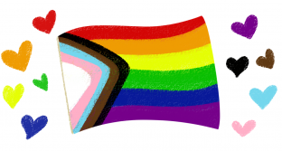 All-inclusive pride flag with illustrated hearts of the flag's colors.