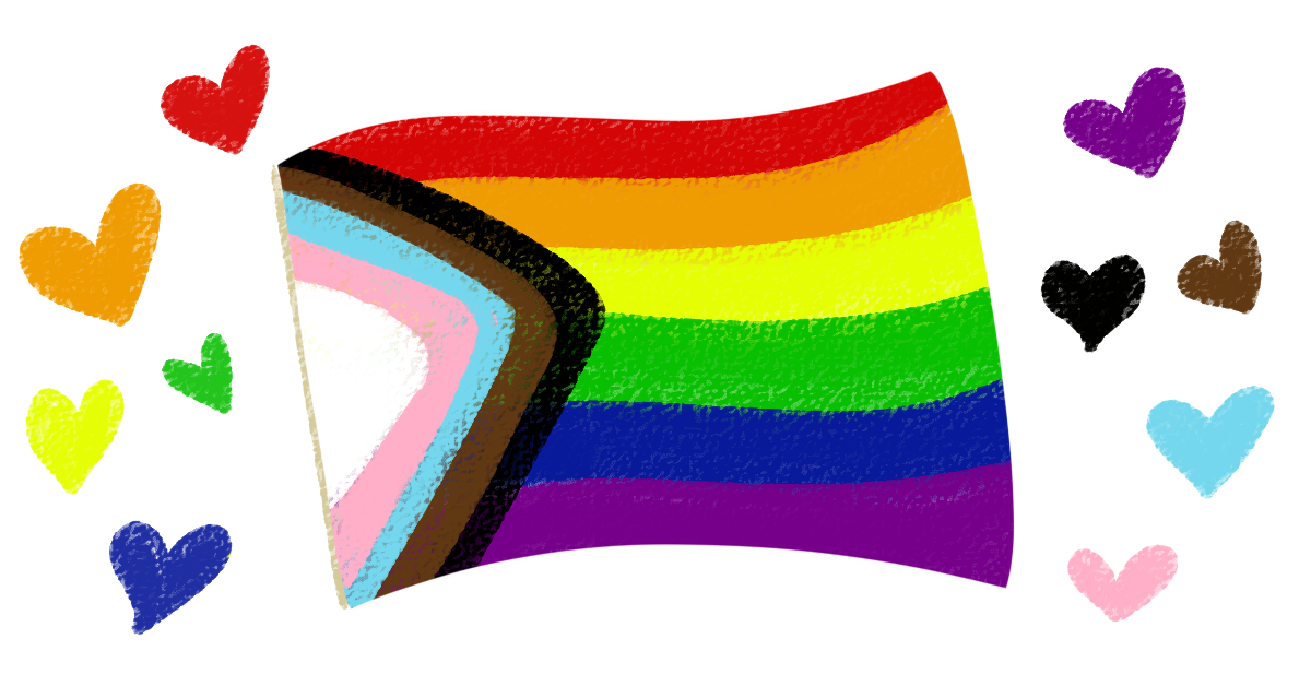All-inclusive pride flag with illustrated hearts of the flag's colors.