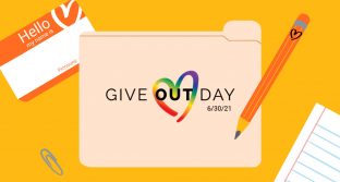 Give OUT Day logo alongside illustration of folder, nametag, paper, pencil, and paperclip