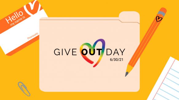 Give OUT Day logo alongside illustration of folder, nametag, paper, pencil, and paperclip