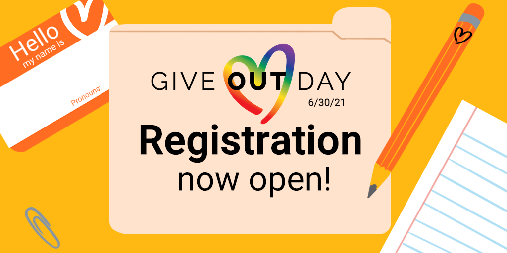 Give OUT Day logo alongside illustration of folder, nametag, paper, pencil, and paperclip, with text "Registration now open!"