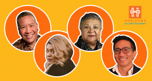 A yellow background with four orange circles, each of which have the headshot of a panelist from the event. Horizons logo in the top right corner.