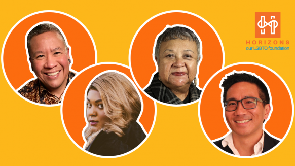 A yellow background with four orange circles, each of which have the headshot of a panelist from the event. Horizons logo in the top right corner.