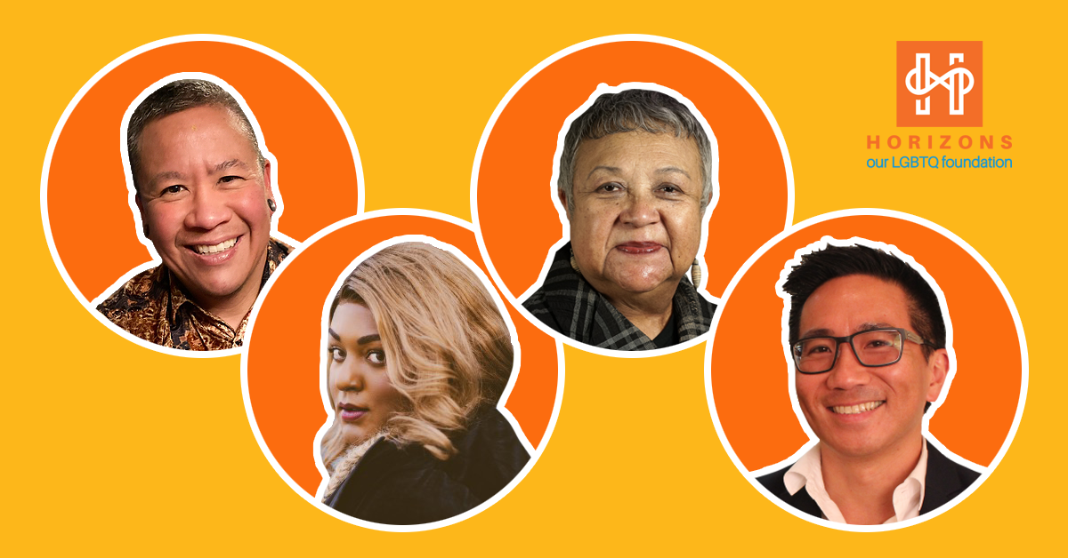 A yellow background with four orange circles, each of which have the headshot of a panelist from the event. Horizons logo in the top right corner.