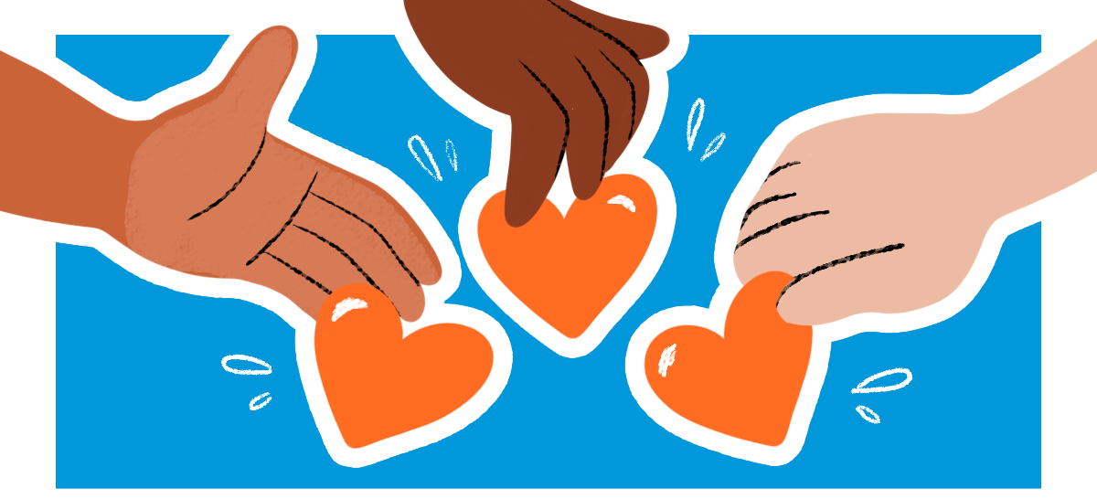 A blue background with an illustration of three hands offering up orange hearts, with the Horizons logo at the bottom