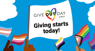 A white flag with the Give OUT Day logo that says "Giving starts today!" surrounding by a variety of LGBTQ pride flags.