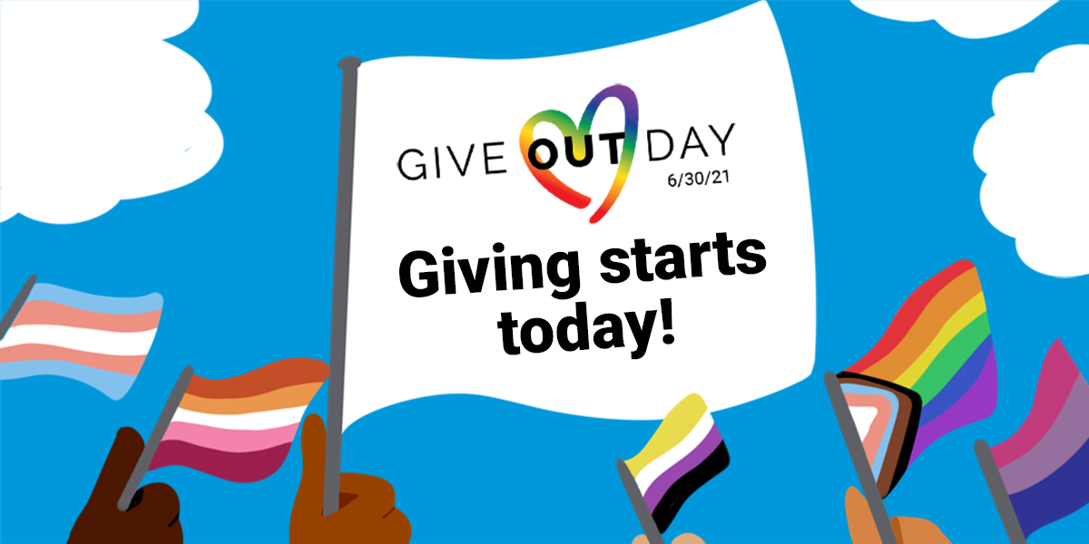 A white flag with the Give OUT Day logo that says "Giving starts today!" surrounding by a variety of LGBTQ pride flags.