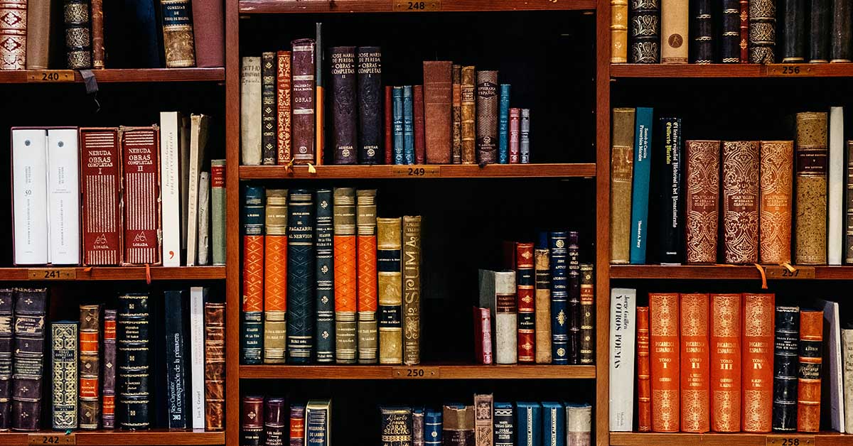 Bookcase with rows of books